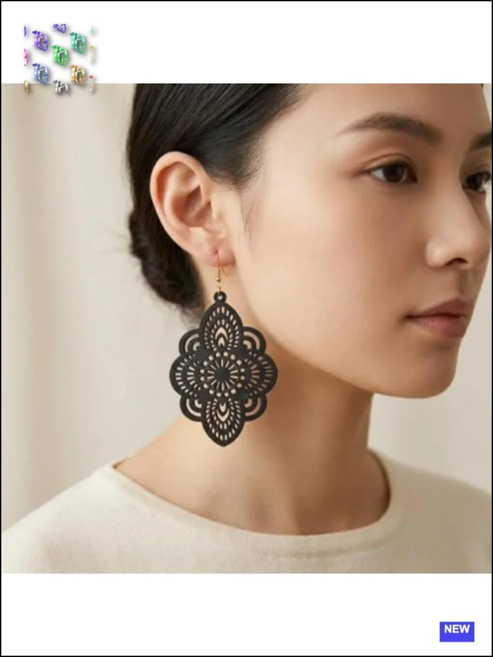 Bohemian Wooden Geometric Dangle Drop Earrings Filigree Pattern